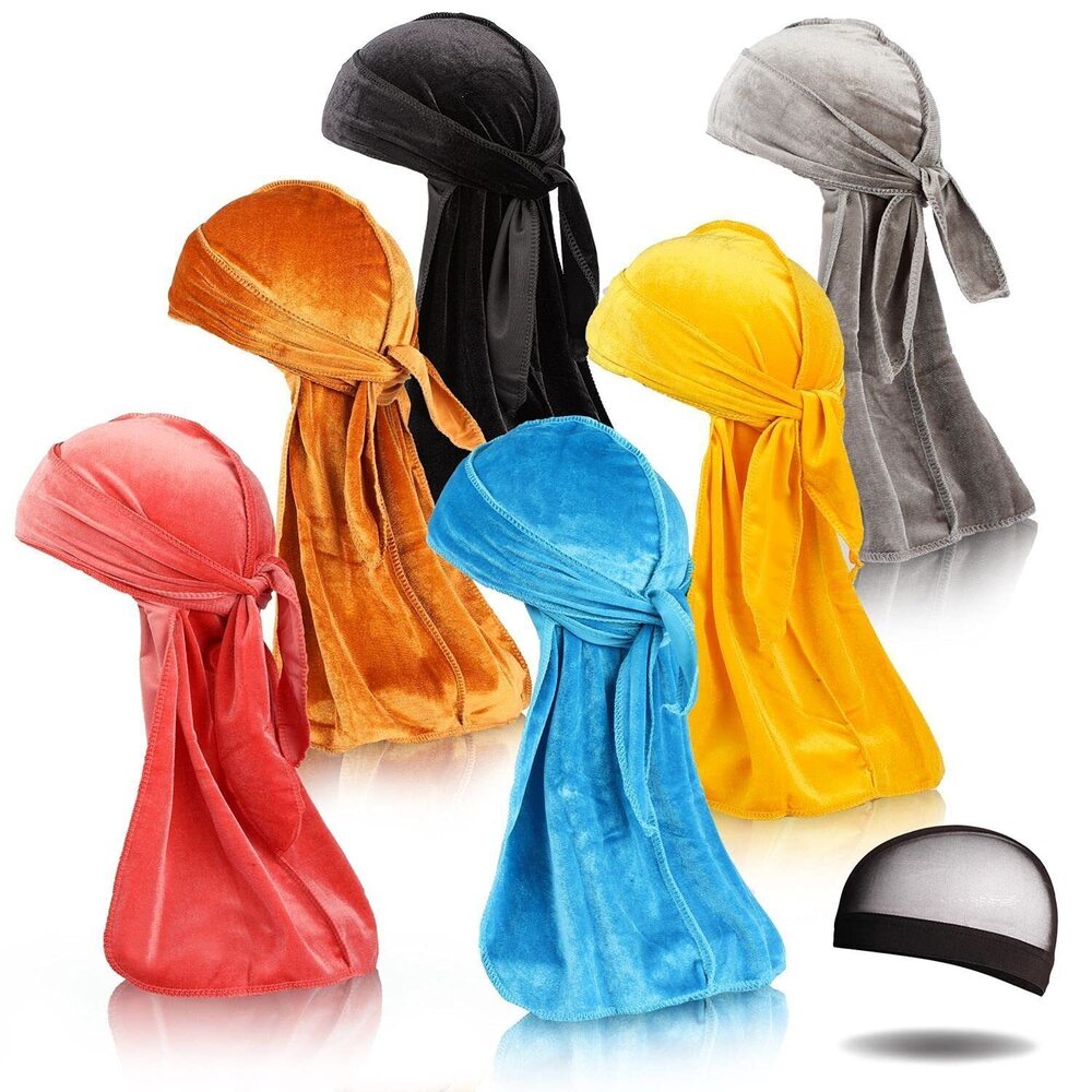 9892 6Pcs Velvet Durag with 1 Wave Cap for 360 Waves Doo RagBronze Silver